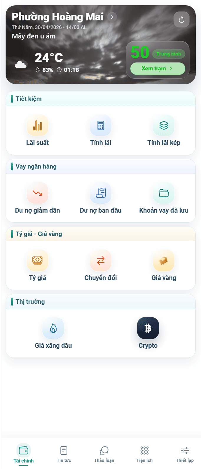Màn hình tổng quan ứng dụng Lãi Suất